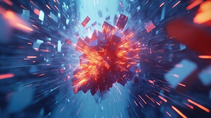 Poster - A powerful abstract explosion shape in 3D, with high-tech shards and dynamic light effects set against a cool blue, futuristic backdrop