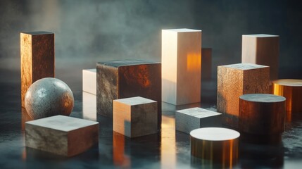 Poster - A series of abstract 3D geometric blocks scattered across a dark background, with light reflections creating a mysterious and modern look