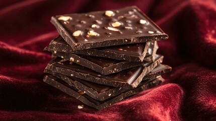 Poster - A stack of perfectly cut dark chocolate on luxurious velvet, with rich textures and soft lighting creating a mood of indulgence