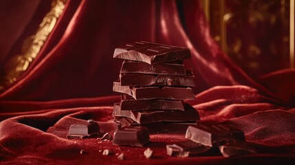 Poster - A stack of perfectly cut dark chocolate on luxurious velvet, with rich textures and soft lighting creating a mood of indulgence