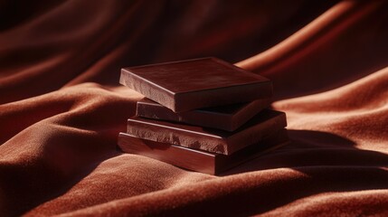 Poster - A stack of premium dark chocolate resting on a plush velvet surface, with soft shadows and highlights enhancing its indulgent appeal