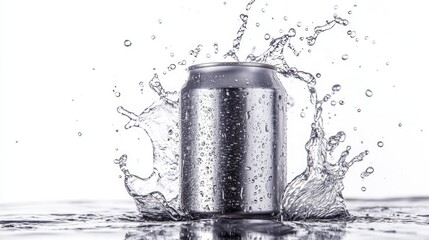 Poster - Aluminum soda can (330ml) with a splash of water drops surrounding it, isolated against a white background for a refreshing and contemporary appeal
