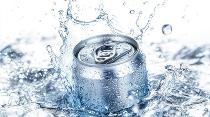 Poster - Aluminum soda can (330ml) with a splash of water drops surrounding it, isolated against a white background for a refreshing and contemporary appeal