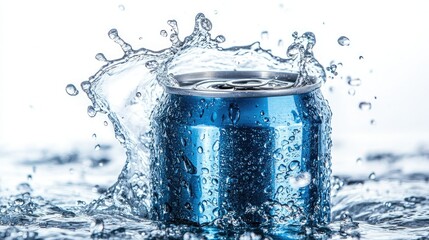 Poster - Aluminum soda can (330ml) with a splash of water drops surrounding it, isolated against a white background for a refreshing and contemporary appeal