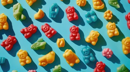 Poster - An artistic shot of gummy bears laid out on an aqua blue background, each candy showcasing vibrant colors and fun shapes