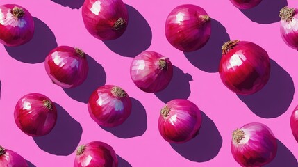 Poster - Artistic flat lay of red onions placed on a purple background, emphasizing their texture and rich color contrast