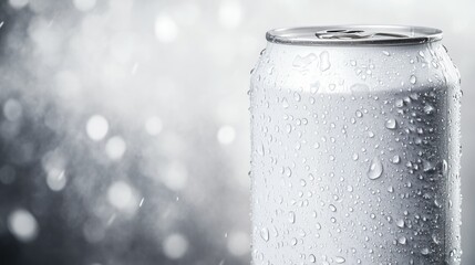 Poster - Blank white soda can with condensation and water droplets splashing off, isolated on a light backdrop to highlight a sense of refreshment