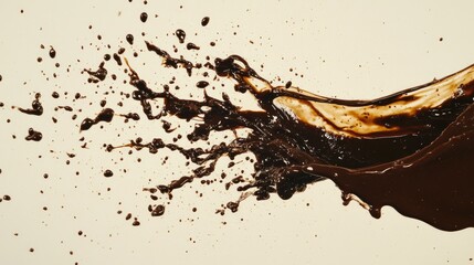 Aufkleber - Captivating image of chocolate sauce splashing dramatically, droplets flying in every direction, set against a neutral backdrop for maximum impact
