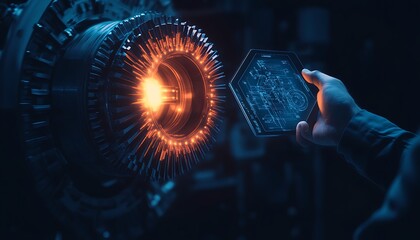 Aufkleber - A futuristic scene showing a hand holding a digital interface near a glowing mechanical device, highlighting the fusion of technology and innovation.