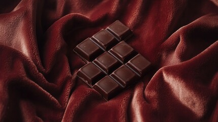 Poster - Dark chocolate squares arranged elegantly on a velvet fabric, creating a luxurious and inviting food photo with soft lighting