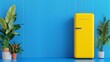 © FarhaStock - Bright Yellow Refrigerator Against a Vibrant Blue Wall Surrounded by Lush Green Plants in a Modern Interior Design Setting