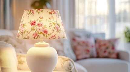 Poster - The delicate glow of a floral table lamp with rosy accents in a stylish living room with pastel colors