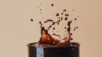 Aufkleber - Thick chocolate sauce splashing out of a container, with rich, glossy droplets falling in mid-motion against a neutral background