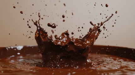 Aufkleber - Thick chocolate sauce splashing out of a container, with rich, glossy droplets falling in mid-motion against a neutral background