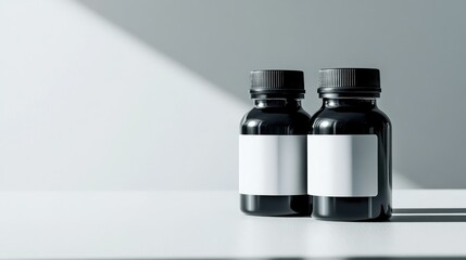 Poster - Two identical black and white supplement bottles with empty space for text, placed on a clean, bright surface to evoke a sense of professionalism