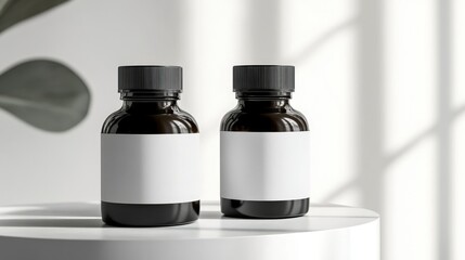 Poster - Two identical black and white supplement bottles with empty space for text, placed on a clean, bright surface to evoke a sense of professionalism