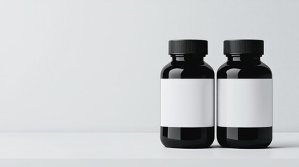 Poster - Two identical black and white supplement bottles with empty space for text, placed on a clean, bright surface to evoke a sense of professionalism