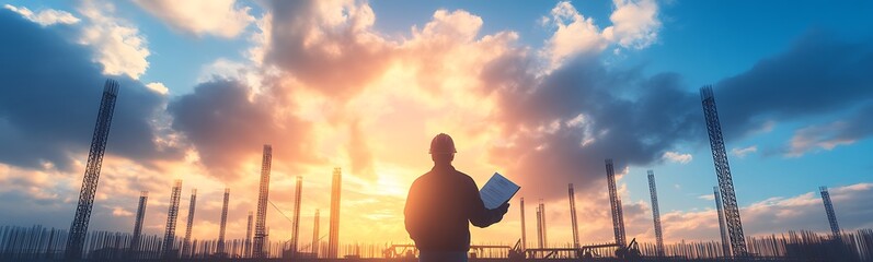 Poster - A silhouette of a person holding a book against a stunning sunset backdrop, surrounded by tall grasses and clouds.