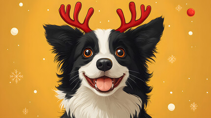 Wall Mural - A festive photograph of a black and white Border Collie wearing playful red deer antlers, embodying holiday cheer, humor, and the charm of pets in seasonal costumes, creating a joyful and endearing Ch