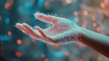 Poster - Hand holding network hologram on blurred background, 3D rendering. - Generated AI