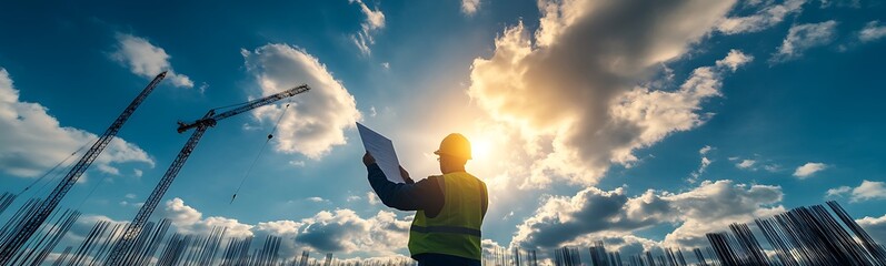 Poster - A construction worker examines plans under a bright sky with clouds, showcasing determination and planning in a dynamic outdoor setting.