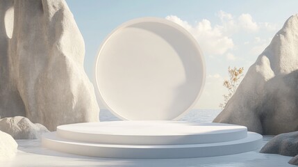 Poster - 3D render of a white podium with a circular backdrop