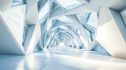 Poster - Abstract white interior showcasing futuristic design Polygonal artwork creates an architectural backdrop 3D illustration and rendering
