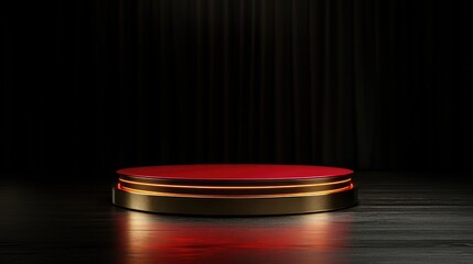 Poster - Golden red display podium on empty stage with black backdrop 3D rendering