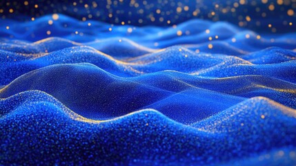 Poster - Abstract arrangement of points on a blue backdrop Disordered waves in a cosmic setting Vast data visualization in 3D rendering