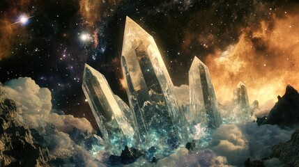 Poster - cosmic elements within a crystal set against a backdrop of open space