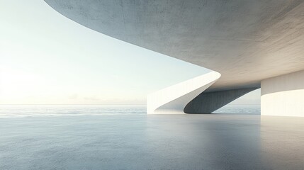 Poster - Empty gray concrete floor in minimalist architecture featuring a 3D rendering of an abstract white structure with a backdrop of beach and ocean views