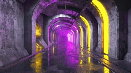 Poster - Futuristic Gothic interior featuring abstract concrete elements with vibrant yellow and violet neon tubing 3D illustration and rendering