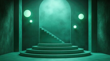 Poster - Realistic 3D green podium set featuring stairs and lighting Abstract studio space with geometric platform design ideal for product showcases and promotional displays