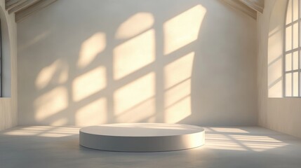 Poster - 3D abstract background featuring a white podium for product display and branding enhanced by the shadows of windows and a roof creating an empty scene for mock up purposes