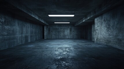 Poster - Empty interior of a dark basement room with concrete walls Architectural background in a 3D rendered image