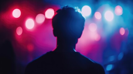 Poster - Blurred image of a man in a nightclub featuring dark blue and red stage lighting A contemporary music event with vibrant light displays