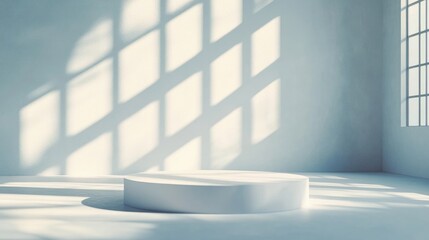 Poster - 3D abstract background featuring a white podium for product display and branding enhanced by the shadows of windows and a roof creating an empty scene for mock up purposes