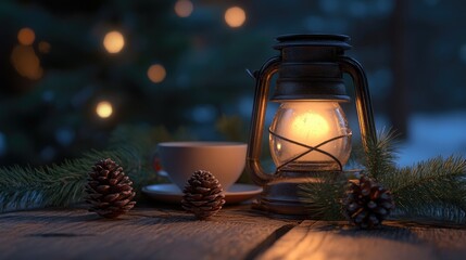 Poster - Christmas lantern on a rustic table accompanied by a fir branch pine cone and tea cup in a 3D render