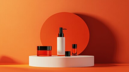 Poster - Product display podium featuring an orange red abstract background 3D rendering stand ideal for showcasing cosmetic items