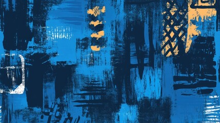 Poster - Contemporary Design Featuring Blue Brushstrokes on an Abstract Background Vibrant Dual Illustration with Aztec inspired Motifs Ethnic Abstract Pattern with Dark Tones