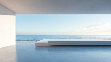 Poster - Empty gray concrete floor in minimalist architecture featuring a 3D rendering of an abstract white structure with a backdrop of beach and ocean views