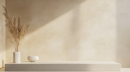 Poster - 3D render of a minimalistic background featuring a pedestal and showcase offering a blank space with a simple and clean design for an abstract mockup