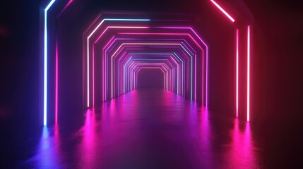 Poster - Abstract dark background featuring an empty stage scene Neon lights illuminate the space creating a glowing light tunnel effect