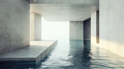 Poster - Minimalist concrete interior of a house surrounded by water featuring abstract architectural design 3D rendering and illustration