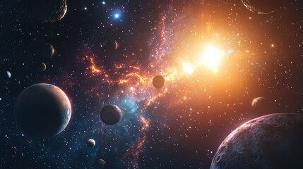 Poster - 2D illustration of a realistic starry background Depth of interstellar space featuring bright stars planets and moons Various imaginative science fiction backdrops for creative projects