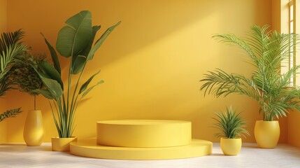 Poster - 3D rendered background featuring a yellow podium designed for product presentations with a matching yellow backdrop