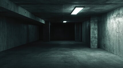 Poster - Empty interior of a dark basement room with concrete walls Architectural background in a 3D rendered image