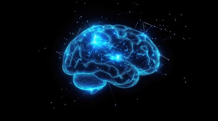 Poster - Glowing blue brain connected by neural pathways or electronic circuits Concept of artificial intelligence and advanced technology