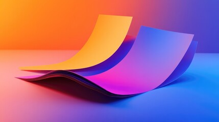 Poster - Folded paper brochure leaflet sheets resting on a surface featuring a blue orange and purple gradient design 3D illustration of a presentation mockup template