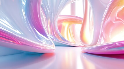 Poster - Abstract white interior featuring vibrant glossy lines created through 3D illustration and rendering techniques